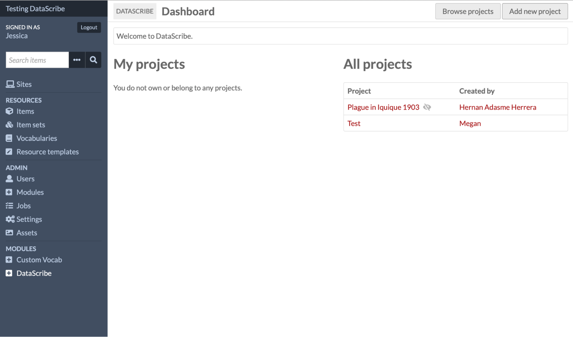 Screenshot of the Datascribe New Project setup page with the Configuration tab active and form fields for the project Name and Description. In the upper right hand corner, the mouse is hovering over a crossed-out eye symbol and bringing up a tooltip labeled Make public