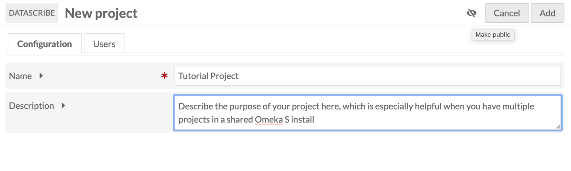 Screenshot of the Datascribe New Project setup page with the Users tab active and a menu on the right hand side displaying 72 potential users to add to the project