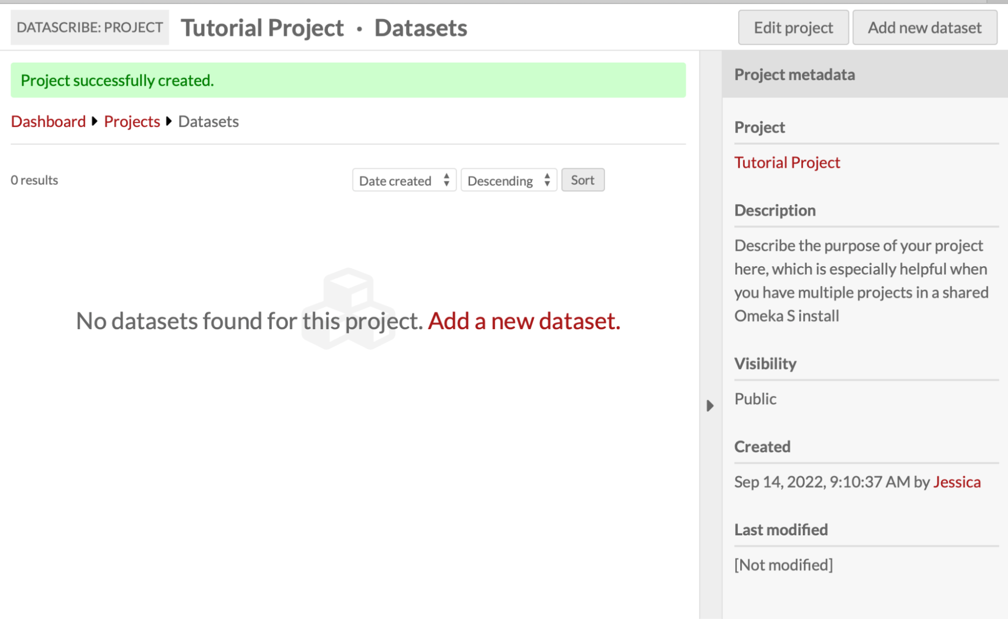 Screenshot of the Datascribe New Project setup page with the Users tab active, a single user added, and an open dropdown menu with the choices of transcriber and reviewer 