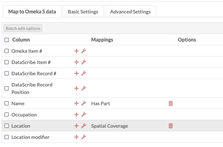 In the mapping tab, there are only two properties mapped. Name is linked to Has Part. Location is mapped to Spatial Coverage