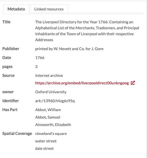 An Omeka S item with three values for the properties 'Has Part' and 'Spatial Coverage'. The values are the same data from the rows in the image of the csv