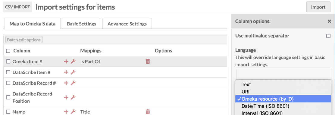 Mapping tab of csv import module with settings as described.