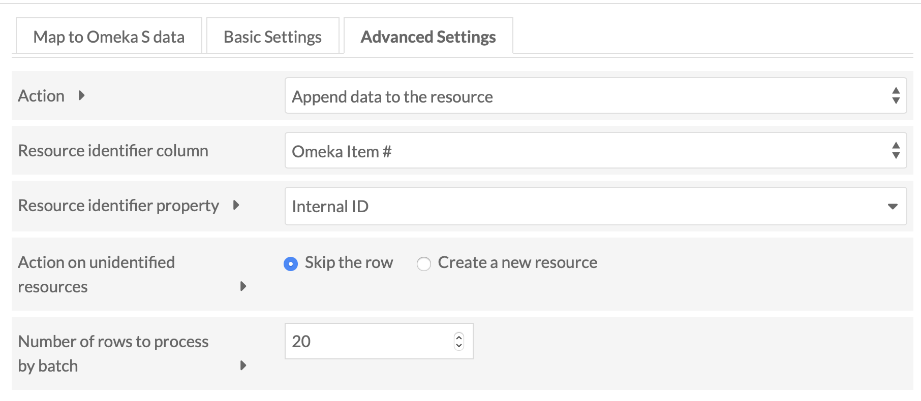 Advanced settings tab with the option to append data selected. The dropdown for identifier is set to Omeka Item # and the property is set to internal ID