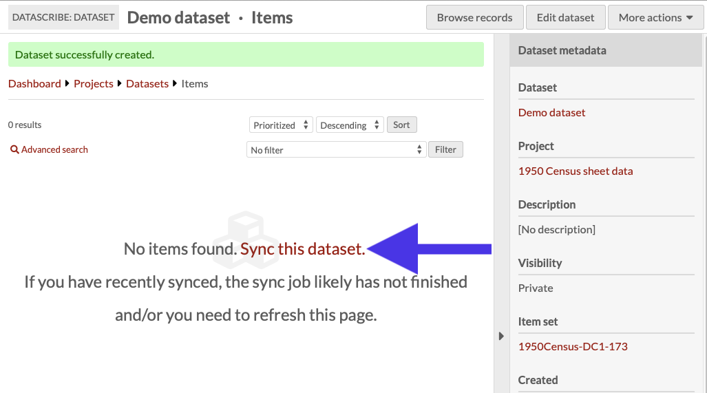 New dataset created page with no items. A large arrow points to the link 'sync this dataset'.