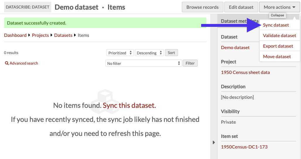 New dataset created page with no items and the more actions dropdown open. A large arrow points to the 'sync dataset' option in the dropdown menu.